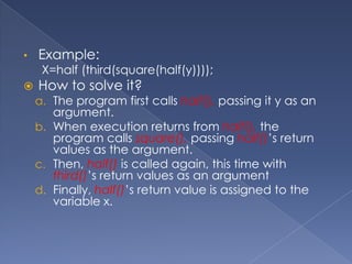 Inside Function DefinitionExample of inside function definition: Local prototypeThe variables that are declared inside a function are called as local variablesTheir scope is only within the function in which they are declared These variables cannot be accessed outside the function Local variables exist only till the function terminates its executionThe initial values of local variables are garbage values
