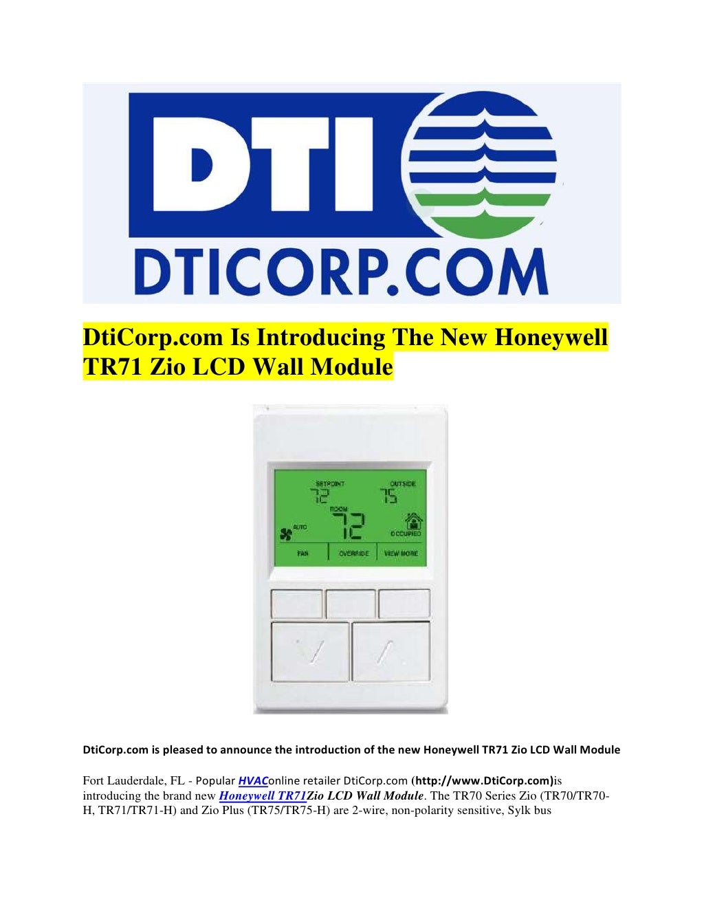 Is Introducing The New Honeywell TR71 Zio LCD Wall Module