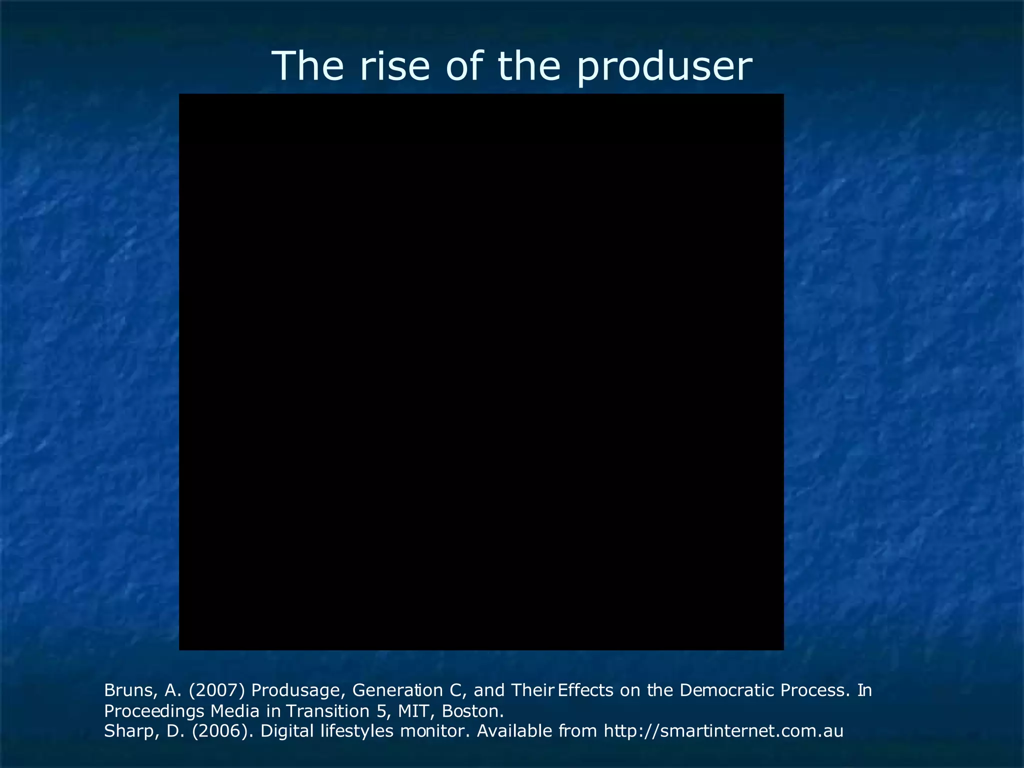 Value Networks Map Bruns, A. (2007) Produsage, Generation C, and Their Effects on the Democratic Process. In Proceedings Media in Transition 5, MIT, Boston. Sharp, D. (2006). Digital lifestyles monitor. Available from http://smartinternet.com.au The rise of the produser 