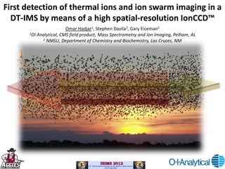 First detection of thermal ions and ion swarm imaging in a
  DT-IMS by means of a high spatial-resolution IonCCD™
                        Omar Hadjar1, Stephen Davila2, Gary Eiceman2
      1OI Analytical, CMS field product, Mass Spectrometry and Ion Imaging, Pelham, AL
            2 NMSU, Department of Chemistry and Biochemistry, Las Cruces, NM
 