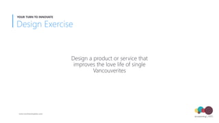 Design Exercise
YOUR TURN TO INNOVATE
Design a product or service that
improves the love life of single
Vancouverites
www.envisioninglabs.com
 