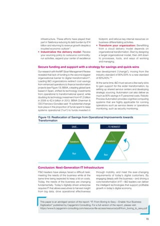 15
infrastructure. These efforts have played their
part in Telefonica reducing its debt burden by €14
billion and returning to revenue growth despite a
troubled economic outlook17
.
•	 Industrialize the delivery model: Review
your sourcing policy to outsource commodity-
run activities, expand your center of excellence
footprint, and refocus key internal resources on
business-differentiating activities.
•	 Transform your organization: Benefitting
from a cloud delivery model depends on
organizational transformation. Start by designing
a target organizational model, then drill down
to processes, tools, and ways of working
and managing.
This paper is an abridged version of the report: “IT: From Boring to Sexy – Enable Your Business
Digitization” published by Capgemini Consulting. For a full version of the report, please visit:
https://www.fr.capgemini-consulting.com/resource-file-access/resource/pdf/from_boring_to_sexy.pdf
Conclusion: Next-Generation IT Infrastructure
Run
Transform
Run
SAVE... ...TO REINVEST
Transform
Figure 13: Reallocation of Savings from Operational Improvements towards
Transformation
IT&O leaders have always faced a difficult task:
meeting the needs of the business while at the
same time being expected to keep a lid on costs.
Today, the needs of the business are changing
fundamentally. Today’s digitally-driven enterprise
requires IT that allows executives to harvest insight
from big data, drive operational effectiveness
Secure funding and support with a strategy for savings and quick-wins
Our research with the MIT Sloan Management Review
revealed that lack of funding is the second biggest
organizational barrier to digital transformation18
.
Leading I&O organizations redirect cost savings
from enhanced operations to finance transformation
projects (see Figure 13). BBVA, a leading global bank
based in Spain, shifted its technology investments
from operational to transformational spend, while
doubling its technology investment from €1.2 billion
in 2006 to €2.4 billion in 2013. BBVA Chairman &
CEO Francisco González said: “A substantial change
took place in the proportion of funds spent to keep
systems operational (“run”) to funds invested in
new development (“change”), moving from the
industry standard of 80%/20% to a new standard
of 60%/40%.”19
At the same time, I&O must secure a few early-wins
to gain support for the wider transformation, by
setting up shared service centers and developing
strategic sourcing. Automation can also deliver as
much as 80% savings in IT personnel costs. Robotic
Process Automation provides cognitive computing
systems that are highly applicable for running
operations such as service desks or operations
monitoring, such as security monitoring.
through mobility, and meet the ever-changing
requirements of today’s digital customers. By
engaging deeply with the business – and driving a
core transformation of IT – I&O leaders can deliver
the intelligent technologies that support profitable
growth in today’s digital economy.
 