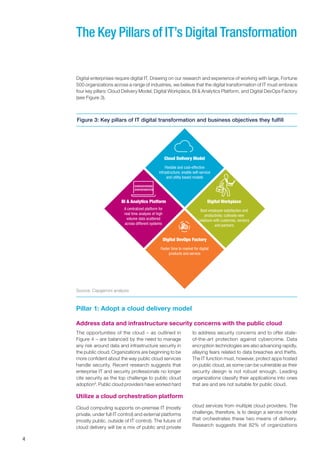 4
The Key Pillars of IT’s Digital Transformation
Digital enterprises require digital IT. Drawing on our research and experience of working with large, Fortune
500 organizations across a range of industries, we believe that the digital transformation of IT must embrace
four key pillars: Cloud Delivery Model, Digital Workplace, BI & Analytics Platform, and Digital DevOps Factory
(see Figure 3).
Pillar 1: Adopt a cloud delivery model
Address data and infrastructure security concerns with the public cloud
Cloud Delivery Model
Flexible and cost-effective
infrastructure; enable self-service
and utility based models
Digital DevOps Factory
Faster time to market for digital
products and service
BI & Analytics Platform
A centralized platform for
real time analysis of high
volume data scattered
across different systems
Digital Workplace
Bost employee satisfaction and
productivity; cultivate new
relations with customes, vendors
and partners
Figure 3: Key pillars of IT digital transformation and business objectives they fulfill
Source: Capgemini analysis
The opportunities of the cloud – as outlined in
Figure 4 – are balanced by the need to manage
any risk around data and infrastructure security in
the public cloud. Organizations are beginning to be
more confident about the way public cloud services
handle security. Recent research suggests that
enterprise IT and security professionals no longer
cite security as the top challenge to public cloud
adoption9
. Public cloud providers have worked hard
to address security concerns and to offer state-
of-the-art protection against cybercrime. Data
encryption technologies are also advancing rapidly,
allaying fears related to data breaches and thefts.
The IT function must, however, protect apps hosted
on public cloud, as some can be vulnerable as their
security design is not robust enough. Leading
organizations classify their applications into ones
that are and are not suitable for public cloud.
Cloud computing supports on-premise IT (mostly
private, under full IT control) and external platforms
(mostly public, outside of IT control). The future of
cloud delivery will be a mix of public and private
Utilize a cloud orchestration platform
cloud services from multiple cloud providers. The
challenge, therefore, is to design a service model
that orchestrates these two means of delivery.
Research suggests that 82% of organizations
 