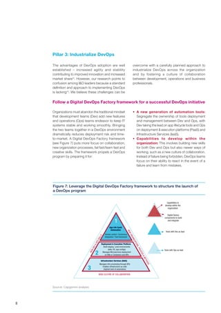 8
Pillar 3: Industrialize DevOps
Capabilities to
develop within the
organization
Digital factory
components to build
and integrate
Tools with Dev as lead
Tools with Ops as lead
Version control / Continuous
integration / Test framework
App Life Cycle
Automation
1
2
3
Deployment & Execution Platform
Build staging / prod environments
(data, OS, app conﬁgs)
Manages Microservices deployment
on VMs or Containers and APIs
Infrastructure Services (IAAS)
Manages infra provisioing through APIs
Enables infrastructure as code
(highest level of automation)
Figure 7: Leverage the Digital DevOps Factory framework to structure the launch of
a DevOps program
Organizations must abandon the traditional mindset
that development teams (Dev) add new features
and operations (Ops) teams endeavor to keep IT
systems stable and working smoothly. Bringing
the two teams together in a DevOps environment
dramatically reduces deployment risk and time-
to-market. A Digital DevOps Factory framework
(see Figure 7) puts more focus on collaboration,
new organization processes, fail fast/learn fast and
creative skills. The framework propels a DevOps
program by preparing it for:
The advantages of DevOps adoption are well
established – increased agility and stability
contributing to improved innovation and increased
market share13
. However, our research points to
confusion among I&O leaders because a standard
definition and approach to implementing DevOps
is lacking14
. We believe these challenges can be
Follow a Digital DevOps Factory framework for a successful DevOps initiative
overcome with a carefully planned approach to
industrialize DevOps across the organization
and by fostering a culture of collaboration
between development, operations and business
professionals.
•	 A new generation of automation tools:
Segregate the ownership of tools deployment
and management between Dev and Ops, with
Dev taking the lead on app lifecycle tools and Ops
on deployment & execution platforms (PaaS) and
Infrastructure Services (IaaS).
•	 Capabilities to develop within the
organization: This involves building new skills
for both Dev and Ops but also newer ways of
working, such as a new culture of collaboration.
Instead of failure being forbidden, DevOps teams
focus on their ability to react in the event of a
failure and learn from mistakes.
Source: Capgemini analysis
 