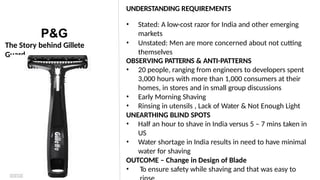 P&G
The Story behind Gillete
Guard
UNDERSTANDING REQUIREMENTS
• Stated: A low-cost razor for India and other emerging
markets
• Unstated: Men are more concerned about not cutting
themselves
OBSERVING PATTERNS & ANTI-PATTERNS
• 20 people, ranging from engineers to developers spent
3,000 hours with more than 1,000 consumers at their
homes, in stores and in small group discussions
• Early Morning Shaving
• Rinsing in utensils , Lack of Water & Not Enough Light
UNEARTHING BLIND SPOTS
• Half an hour to shave in India versus 5 – 7 mins taken in
US
• Water shortage in India results in need to have minimal
water for shaving
OUTCOME – Change in Design of Blade
• To ensure safety while shaving and that was easy to
 