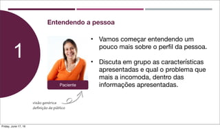 • Vamos começar entendendo um
pouco mais sobre o perﬁl da pessoa.
• Discuta em grupo as características
apresentadas e qual o problema que
mais a incomoda, dentro das
informações apresentadas.
1
Entendendo a pessoa
Paciente
visão genérica
definição de público
Friday, June 17, 16
 