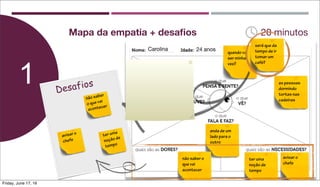 1
Mapa da empatia + desaﬁos 20 minutos
as pessoas
dormindo
tortas nas
cadeiras
Carolina
as pessoas
em volta
reclamando
quando vai
ser minha
vez?
será que da
tempo de ir
tomar um
café?
24 anos
anda de um
lado para o
outro
não saber o
que vai
acontecer
ter uma
noção de
tempo
avisar o
chefe
avisar o
chefe
Desafios
não saber
o que vai
acontecer
ter uma
noção de
tempo
Friday, June 17, 16
 