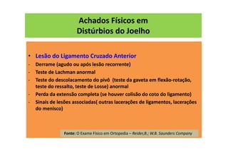 Achados Físicos em
Distúrbios do Joelho
• Lesão do Ligamento Cruzado Anterior
- Derrame (agudo ou após lesão recorrente)
- Teste de Lachman anormal
- Teste do descolacamento do pivô (teste da gaveta em flexão-rotação,
teste do ressalto, teste de Losse) anormal
- Perda da extensão completa (se houver colisão do coto do ligamento)
- Sinais de lesões associadas( outras lacerações de ligamentos, lacerações
do menisco)
Fonte: O Exame Físico em Ortopedia – Reider,B.; W.B. Saunders Company
 