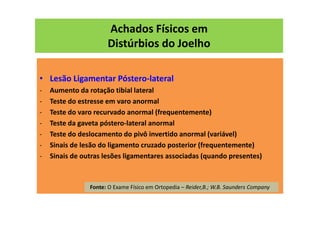 Achados Físicos em
Distúrbios do Joelho
• Lesão Ligamentar Póstero-lateral
- Aumento da rotação tibial lateral
- Teste do estresse em varo anormal
- Teste do varo recurvado anormal (frequentemente)
- Teste da gaveta póstero-lateral anormal
- Teste do deslocamento do pivô invertido anormal (variável)
- Sinais de lesão do ligamento cruzado posterior (frequentemente)
- Sinais de outras lesões ligamentares associadas (quando presentes)
Fonte: O Exame Físico em Ortopedia – Reider,B.; W.B. Saunders Company
 