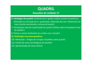 6- Patologias do quadril: tendinite do m. glúteo médio, bursite trocantérica,
distensão ou contusão do m. quadríceps, distensão dos mm. Posteriores da
coxa, fasciite necrotizante, artrose do quadril.
7- Artroplastia total de substituíção do quadril (Vídeos sobre Artroplastia total
do quadril )
8- Pontos a serem lembrados ao se lidar com o Quadril
9)- Radiologia musculoesquelética
10)- Medscape – Artigos de cirurgia ortopédica sobre quadril
11)- Estudo de casos semiológicos do quadaril
12)- Apresentação de casos clínicos
QUADRIL
Assuntos do módulo 17
 