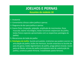 1- Anatomia
2- Comentários clínicos sobre joelhos e pernas
3- Diagrama da dor para joelhos e pernas
4- Exame físico: (inspeção, palpação, amplitude de movimentos, força
muscular, exame neurológico, testes funcionais seqüenciais do joelho,
testes físicos especiais apresentados com as respectivas patologias do
joelho)
5- Mecanismos de lesão do joelho
6- Patologias do Joelho: bursite pré-patelar, síndromes que podem ocorrer na
articulação do joelho, lesões de meniscos, bursite anseriana ou bursite da
pata-de-ganso, lesões ligamentares do joelho, prega (plica) sinovial, neuro-
patia do fibular, artrose de joelho (artroplastia total de substituição do
joelho), condrose patelo-femoral, instabilidade patelo-femoral,
JOELHOS E PERNAS
Assuntos do módulo 18
 