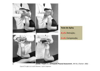 Teste de Apley
A e B, Distração;
C e D, Compressão;
Fonte: Magee, D J; Orthopedic Physical Assessment , 4th Ed., Elseiver- 2002
 