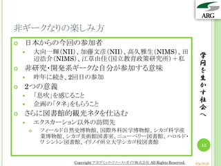 非ギークなりの楽しみ方
   日本からの今回の参加者
           大向一輝（NII）、加藤文彦（NII）、高久雅生（NIMS）、田
            辺浩介（NIMS）、江草由佳（国立教育政策研究所）＋私                                    学
                                                                           問
   非研究・開発系ギークな自分が参加する意味                                                   を
           昨年に続き、2回目の参加                                                   生
   2つの意義                                                                  か
           「息吹」を感じること                                                     す
                                                                           社
           企画の「タネ」をもらうこと
                                                                           会
   さらに図書館的観光ネタを仕込む                                                        へ
           エクスカーション以外の訪問先
            フィールド自然史博物館、国際外科医学博物館、シカゴ科学産
             業博物館、シカゴ美術館図書室、ニューベリー図書館、ハロルド・
             ワ シントン図書館、イリノイ州立大学シカゴ校図書館
                                                                            13


                    Copyright アカデミック・リソース・ガイド株式会社 All Rights Reserved.   arg.ne.jp
 