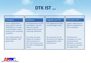 DTK IST … 
Transport Spedition Logistik und 3 PL Und vieles mehr … 
. 
Unsere Zugmaschinen 
fahren jährlich mehr als 
8.000.000 km in Europa, 
um die Produkte unserer 
Kunden immer rechtzeitig 
anzuliefern. 
Das ist Güterverkehr mit 
hoher Flexibilität – Den 
ganzen Weg 
. 
Die Disponenten von DTK 
sind bedacht, dass die 
Güter von unseren 
Kunden immer gut und 
rechtzeitig ankommen. 
Wir stehen im nahen 
Dialog der Transport-kette 
und sichern so , 
dass der Kunde als auch 
die Güter im Mittelpunkt 
stehen. 
. 
DTK begleitet Ihre Güter 
auf allen Wegen sicher. 
Nur so können Sie sich 
als Kunde auf Ihr eigenes 
Tagesgeschäft in Ruhe 
konzentrieren! 
. 
Logistik heißt nicht nur 
Güter zu transportieren 
und zu hantieren. 
DTK bietet auch 
Leistungen an um die 
Zusammenarbeit 
attraktiver zu machen – 
hier und jetzt, wie auch 
auf längere Sicht. 
 
