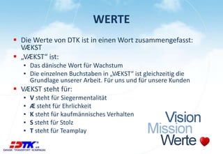 WERTE
 Die Werte von DTK ist in einen Wort zusammengefasst:
VÆKST
 „VÆKST“ ist:
▪ Das dänische Wort für Wachstum
▪ Die einzelnen Buchstaben in „VÆKST“ ist gleichzeitig die
Grundlage unserer Arbeit. Für uns und für unsere Kunden
 VÆKST steht für:
▪ V steht für Siegermentalität
▪ Æ steht für Ehrlichkeit
▪ K steht für kaufmännisches Verhalten
▪ S steht für Stolz
▪ T steht für Teamplay
 