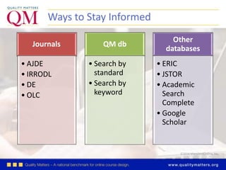 ©2016 MarylandOnline, Inc.
Ways to Stay Informed
Journals
• AJDE
• IRRODL
• DE
• OLC
QM db
• Search by
standard
• Search by
keyword
Other
databases
• ERIC
• JSTOR
• Academic
Search
Complete
• Google
Scholar
 