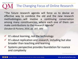 ©2016 MarylandOnline, Inc.
“The future research agenda will force us to devise an
effective way to combine the old and the new research
methodologies…will involve a continuing conversation
among many constituencies, where each one of them can
make contributions to the research agenda”
(Dziuban & Picciano, 2016, pp. 187, 189)
 It’s about learning, not the technology
 It’s about replication and research, including but also
broader than teaching and learning
 Systems perspective provides foundation for nuance
and complexity
The Changing Focus of Online Research
 