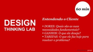 DESIGN
THINKING LAB
Entendendo o Cliente
• DORES: Quais são as suas
necessidades fundamentais?
• GANHOS: O que ele deseja?
• TAREFAS: O que ele faz hoje para
resolver o problema?
60 min
 