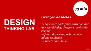 DESIGN
THINKING LAB
Geração de ideias
• O que você pode fazer para atender
as necessidades, desejos e tarefas do
cliente?
• Quantidade é importante, não
julgue as ideias!
• Comece com: E SE...
45 min
 