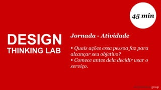 DESIGN
THINKING LAB
Jornada - Atividade
• Quais ações essa pessoa faz para
alcançar seu objetivo?
• Comece antes dela decidir usar o
serviço.
45 min
 