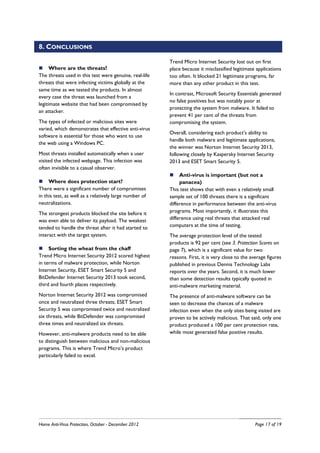 8. CONCLUSIONS

                                                        Trend Micro Internet Security lost out on first
      Where are the threats?                            place because it misclassified legitimate applications
The threats used in this test were genuine, real-life   too often. It blocked 21 legitimate programs, far
threats that were infecting victims globally at the     more than any other product in this test.
same time as we tested the products. In almost
                                                        In contrast, Microsoft Security Essentials generated
every case the threat was launched from a
                                                        no false positives but was notably poor at
legitimate website that had been compromised by
                                                        protecting the system from malware. It failed to
an attacker.
                                                        prevent 41 per cent of the threats from
The types of infected or malicious sites were           compromising the system.
varied, which demonstrates that effective anti-virus
                                                        Overall, considering each product’s ability to
software is essential for those who want to use
                                                        handle both malware and legitimate applications,
the web using a Windows PC.
                                                        the winner was Norton Internet Security 2013,
Most threats installed automatically when a user        following closely by Kaspersky Internet Security
visited the infected webpage. This infection was        2013 and ESET Smart Security 5.
often invisible to a casual observer.
                                                             Anti-virus is important (but not a
     Where does protection start?                            panacea)
There were a significant number of compromises          This test shows that with even a relatively small
in this test, as well as a relatively large number of   sample set of 100 threats there is a significant
neutralizations.                                        difference in performance between the anti-virus
The strongest products blocked the site before it       programs. Most importantly, it illustrates this
was even able to deliver its payload. The weakest       difference using real threats that attacked real
tended to handle the threat after it had started to     computers at the time of testing.
interact with the target system.                        The average protection level of the tested
                                                        products is 92 per cent (see 3. Protection Scores on
     Sorting the wheat from the chaff                   page 7), which is a significant value for two
Trend Micro Internet Security 2012 scored highest       reasons. First, it is very close to the average figures
in terms of malware protection, while Norton            published in previous Dennis Technology Labs
Internet Security, ESET Smart Security 5 and            reports over the years. Second, it is much lower
BitDefender Internet Security 2013 took second,         than some detection results typically quoted in
third and fourth places respectively.                   anti-malware marketing material.
Norton Internet Security 2012 was compromised           The presence of anti-malware software can be
once and neutralized three threats; ESET Smart          seen to decrease the chances of a malware
Security 5 was compromised twice and neutralized        infection even when the only sites being visited are
six threats, while BitDefender was compromised          proven to be actively malicious. That said, only one
three times and neutralized six threats.                product produced a 100 per cent protection rate,
However, anti-malware products need to be able          while most generated false positive results.
to distinguish between malicious and non-malicious
programs. This is where Trend Micro’s product
particularly failed to excel.




Home Anti-Virus Protection, October - December 2012                                               Page 17 of 19
 