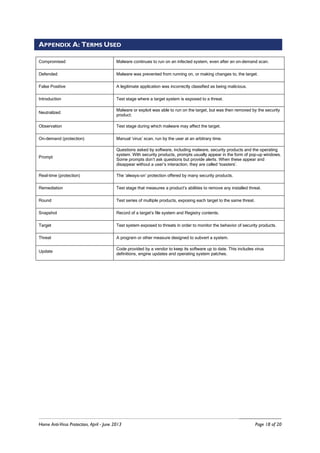 Home Anti-Virus Protection, April - June 2013 Page 18 of 20
APPENDIX A: TERMS USED
Compromised Malware continues to run on an infected system, even after an on-demand scan.
Defended Malware was prevented from running on, or making changes to, the target.
False Positive A legitimate application was incorrectly classified as being malicious.
Introduction Test stage where a target system is exposed to a threat.
Neutralized
Malware or exploit was able to run on the target, but was then removed by the security
product.
Observation Test stage during which malware may affect the target.
On-demand (protection) Manual ‘virus’ scan, run by the user at an arbitrary time.
Prompt
Questions asked by software, including malware, security products and the operating
system. With security products, prompts usually appear in the form of pop-up windows.
Some prompts don’t ask questions but provide alerts. When these appear and
disappear without a user’s interaction, they are called ‘toasters’.
Real-time (protection) The ‘always-on’ protection offered by many security products.
Remediation Test stage that measures a product’s abilities to remove any installed threat.
Round Test series of multiple products, exposing each target to the same threat.
Snapshot Record of a target’s file system and Registry contents.
Target Test system exposed to threats in order to monitor the behavior of security products.
Threat A program or other measure designed to subvert a system.
Update
Code provided by a vendor to keep its software up to date. This includes virus
definitions, engine updates and operating system patches.
 