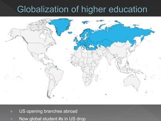 Globalization of higher education
 US opening branches abroad
 Now global student #s in US drop
 