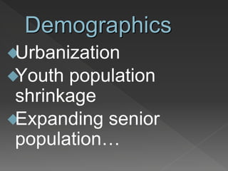Demographics
Urbanization
Youth population
shrinkage
Expanding senior
population…
 