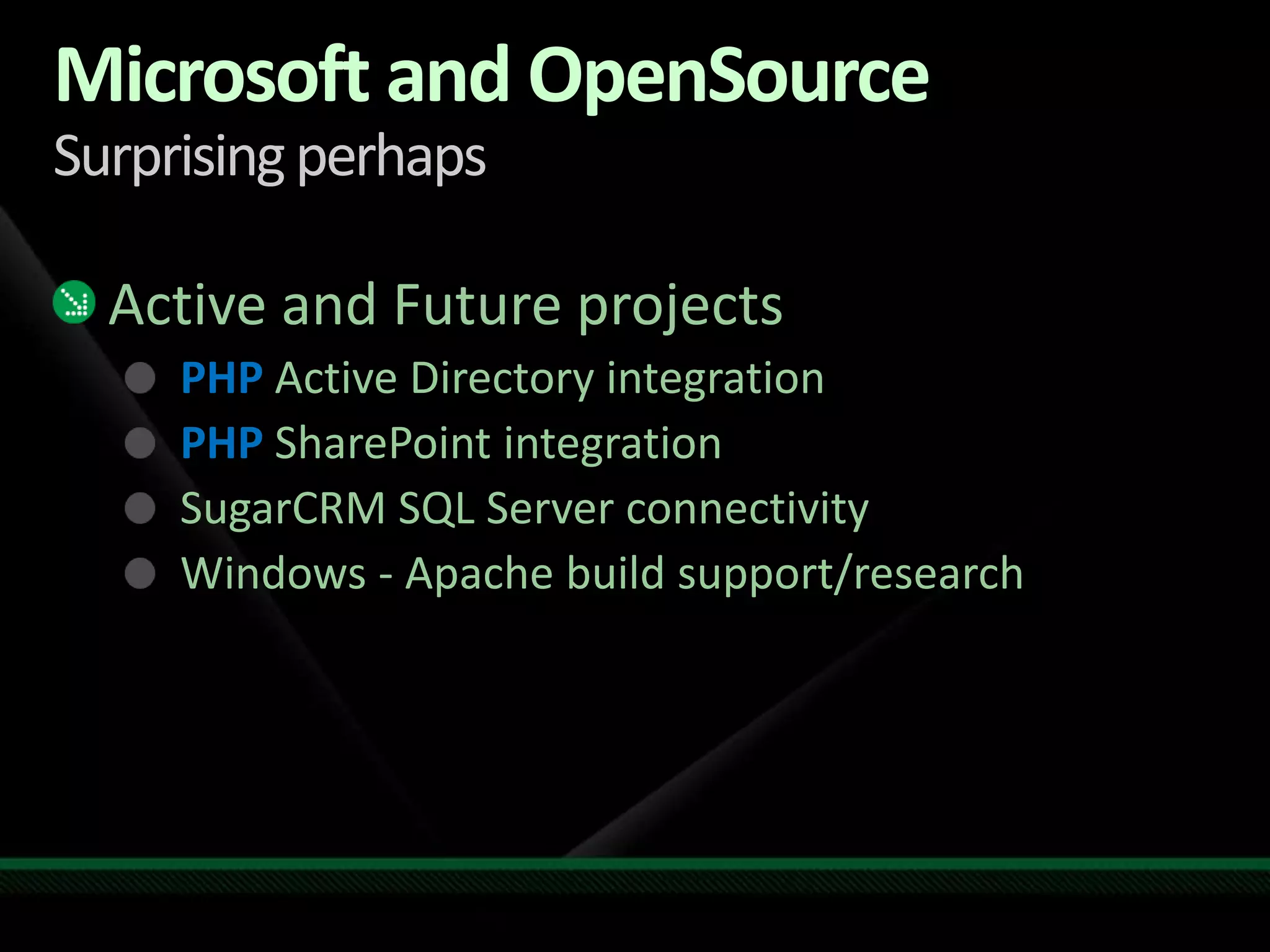 Microsoft and OpenSourceSurprising perhapsActive and Future projectsPHP Active Directory integrationPHP SharePoint integrationSugarCRM SQL Server connectivityWindows - Apache build support/research