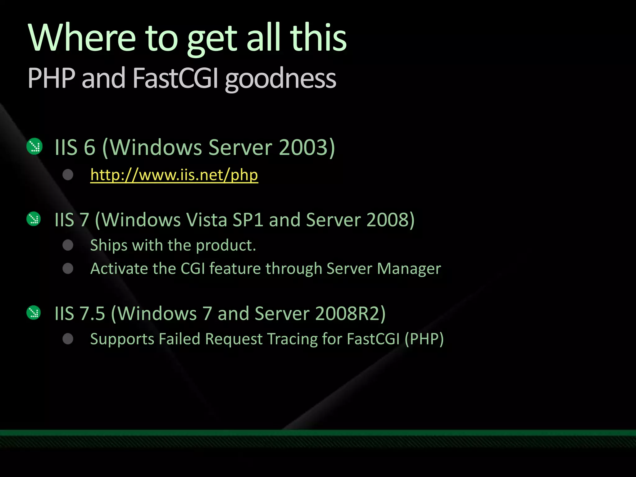 Where to get all thisPHP and FastCGI goodnessIIS 6 (Windows Server 2003)http://www.iis.net/phpIIS 7 (Windows Vista SP1 and Server 2008)Ships with the product.Activate the CGI feature through Server ManagerIIS 7.5 (Windows 7 and Server 2008R2)Supports Failed Request Tracing for FastCGI (PHP)