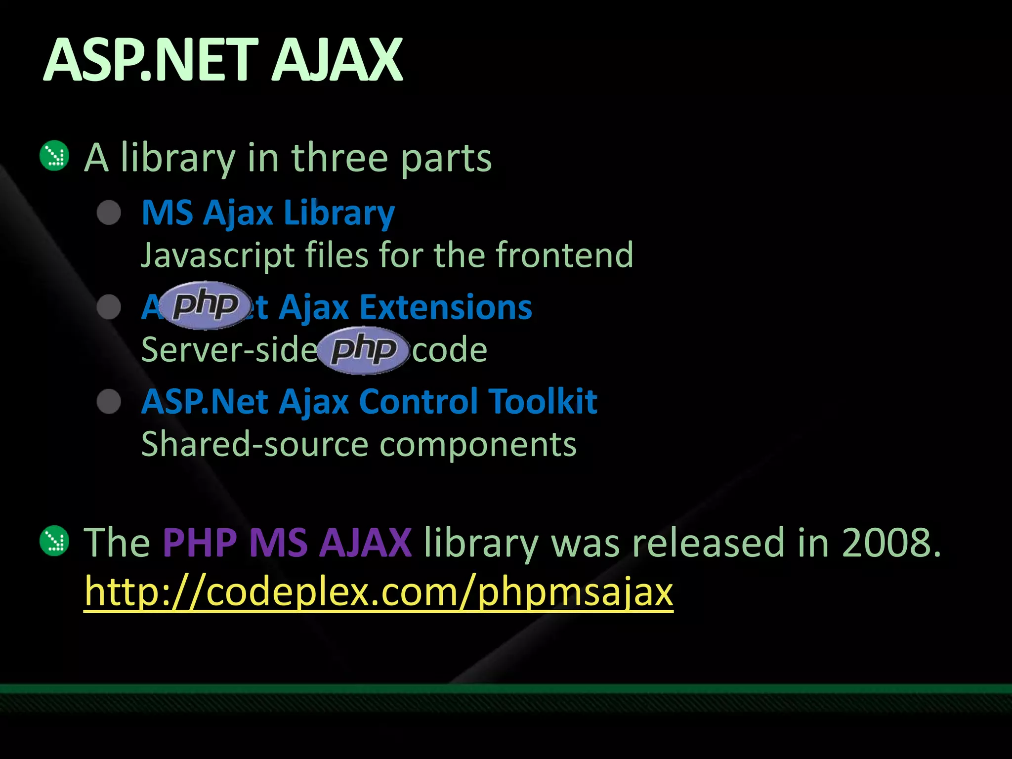 ASP.NET AJAXA library in three partsMS Ajax LibraryJavascript files for the frontendASP.Net Ajax ExtensionsServer-side .NET codeASP.Net Ajax Control Toolkit Shared-source components The PHP MS AJAX library was released in 2008.  http://codeplex.com/phpmsajax