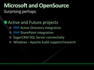 Microsoft and OpenSourceSurprising perhapsActive and Future projectsPHP Active Directory integrationPHP SharePoint integrationSugarCRM SQL Server connectivityWindows - Apache build support/research