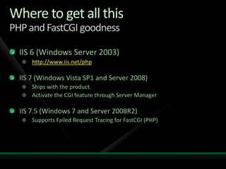 Where to get all thisPHP and FastCGI goodnessIIS 6 (Windows Server 2003)http://www.iis.net/phpIIS 7 (Windows Vista SP1 and Server 2008)Ships with the product.Activate the CGI feature through Server ManagerIIS 7.5 (Windows 7 and Server 2008R2)Supports Failed Request Tracing for FastCGI (PHP)