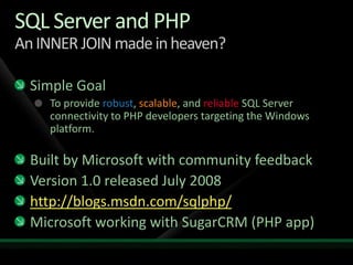SQL Server and PHPAn INNER JOIN made in heaven?Simple GoalTo provide robust, scalable, and reliable SQL Server connectivity to PHP developers targeting the Windows platform.Built by Microsoft with community feedbackVersion 1.0 released July 2008http://blogs.msdn.com/sqlphp/Microsoft working with SugarCRM (PHP app)