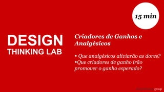Criadores de Ganhos e
Analgésicos
• Que analgésicos aliviarão as dores?
•Que criadores de ganho irão
promover o ganho esperado?
15 min
DESIGN
THINKING LAB
 