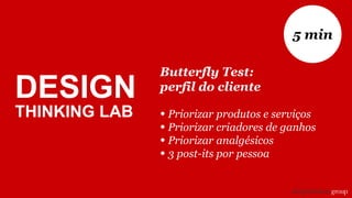Butterfly Test:
perfil do cliente
• Priorizar produtos e serviços
• Priorizar criadores de ganhos
• Priorizar analgésicos
• 3 post-its por pessoa
5 min
DESIGN
THINKING LAB
 