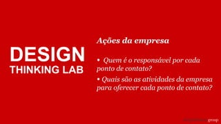 Ações da empresa
• Quem é o responsável por cada
ponto de contato?
• Quais são as atividades da empresa
para oferecer cada ponto de contato?
DESIGN
THINKING LAB
 