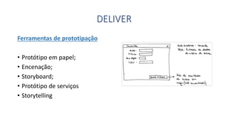 Ferramentas de prototipação 
•Protótipo em papel; 
•Encenação; 
•Storyboard; 
•Protótipo de serviços 
•StorytellingDELIVER  