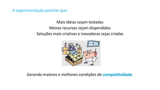A experimentação permite que: 
Mais ideias sejam testadas 
Menos recursos sejam dispendidos 
Soluções mais criativas e inovadoras sejas criadas 
Gerando maiores e melhores condições de competitividade.  