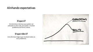 Alinhando expectativas 
O que é? 
Ferramentas e técnicas que podem ser utilizadas no dia a dia, pra ajudar a resolver problemas de forma criativa. 
O que não é? 
Uma fórmula mágica que resolverá todos os seus problemas.  