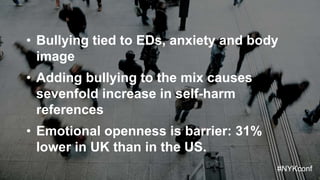 #NYKconf
0%
25%
50%
75%
100%
Anxiety & Depression Eating Disorders BDD
%CONVERSATION
Emotion Overview: All Author Groups
P...