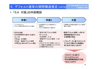 5.A 付録：離散的な生存分析 
の理論的な背景 
26 
５．デフォルト確率の期間構造推定（24/32） 
• 「5.A 付録」の内容概説 
準備１ 準備２ 本題 
• （イントロダクション） 
• デフォルト確率（条件付きデフォルト確率） 
• 生存確率をデフォルト確率を用いて 
表現する 
• デフォルト確率を用いて表現する 
• 尤度関数：生存確率と限界デフォルト確率を 
統合した表現 
• 記号の準備 
• 生存時間解析の基本（の基本） 
としての 
◇Si (tj) ：生存確率 
◇fi (tj) ：無条件デフォルト確率 
◇PDi (tj)：条件付きデフォルト確率 
• 「条件付きデフォルト確率： 
PD 」による、 
「生存確率： S 」と 
「無条件デフォルト確率： f 」の 
表現 
• s およびf をPD で表現しておくこと 
で、後続の尤度関数とロジットモデル 
との関連が明らかとなる 
• 限界デフォルト確率（→PD）の 
期間構造推定のための 
尤度関数の導出 
↓ 
• パネルデータに基づくロジットモ 
デルを行う場合の尤度関数と 
同じ形式であることを示す 
パネルデータに基づく 
ロジットモデルにより 
PDの期間構造推定が可能 
であることを示す 
 