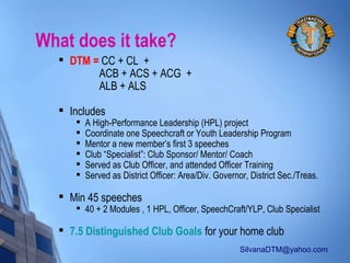 SilvanaDTM@yahoo.com
What does it take?

DTM = CC + CL +
ACB + ACS + ACG +
ALB + ALS

Includes

A High-Performance Leadership (HPL) project

Coordinate one Speechcraft or Youth Leadership Program

Mentor a new member’s first 3 speeches

Club “Specialist”: Club Sponsor/ Mentor/ Coach

Served as Club Officer, and attended Officer Training

Served as District Officer: Area/Div. Governor, District Sec./Treas.

Min 45 speeches

40 + 2 Modules , 1 HPL, Officer, SpeechCraft/YLP, Club Specialist

7.5 Distinguished Club Goals for your home club
 
