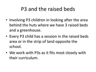P3 and the raised beds
• Involving P3 children in looking after the area
behind the huts where we have 3 raised beds
and a greenhouse.
• Every P3 child has a session in the raised beds
area or in the strip of land opposite the
school.
• We work with P3s as it fits most closely with
their curriculum.
 