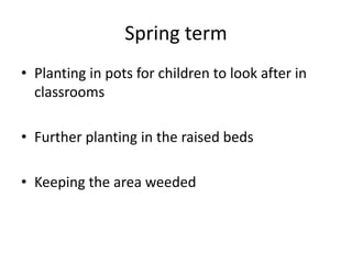 Spring term
• Planting in pots for children to look after in
classrooms
• Further planting in the raised beds
• Keeping the area weeded
 
