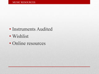 Increase awareness of Music provision
Expand Music provision
Free Instrument Tuition
Music Policy
• Music Programme and Resources
IMPROVING MUSIC PROVISION
 