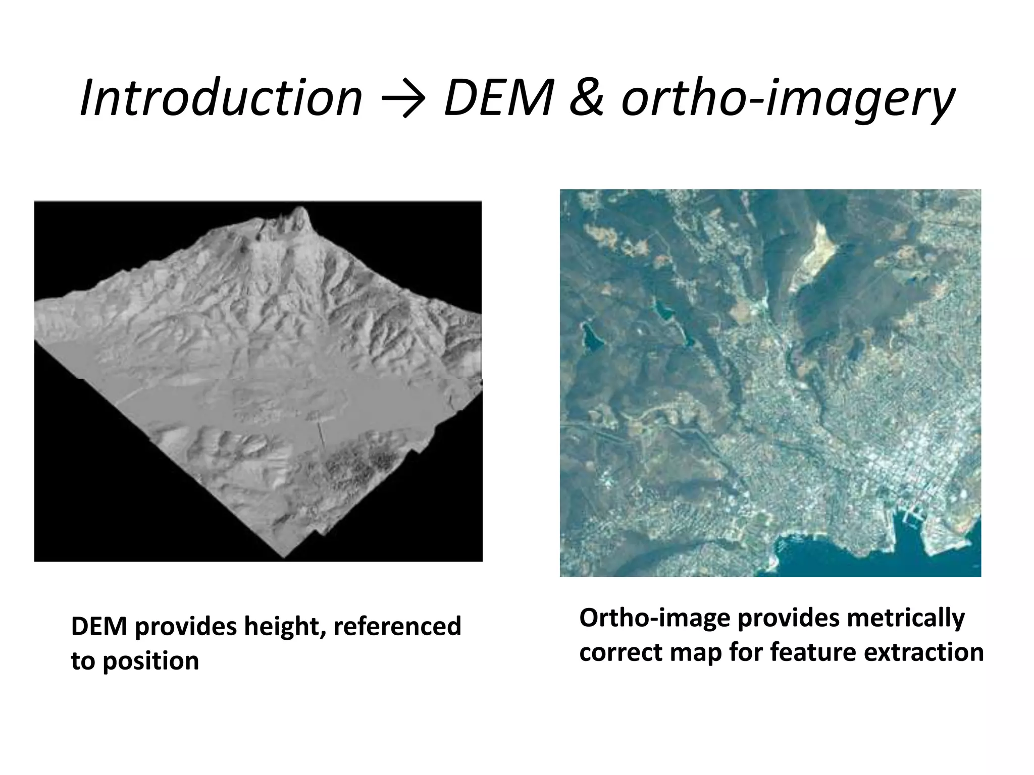 Introduction → DEM & ortho-imagery
DEM provides height, referenced
to position
Ortho-image provides metrically
correct map for feature extraction
 