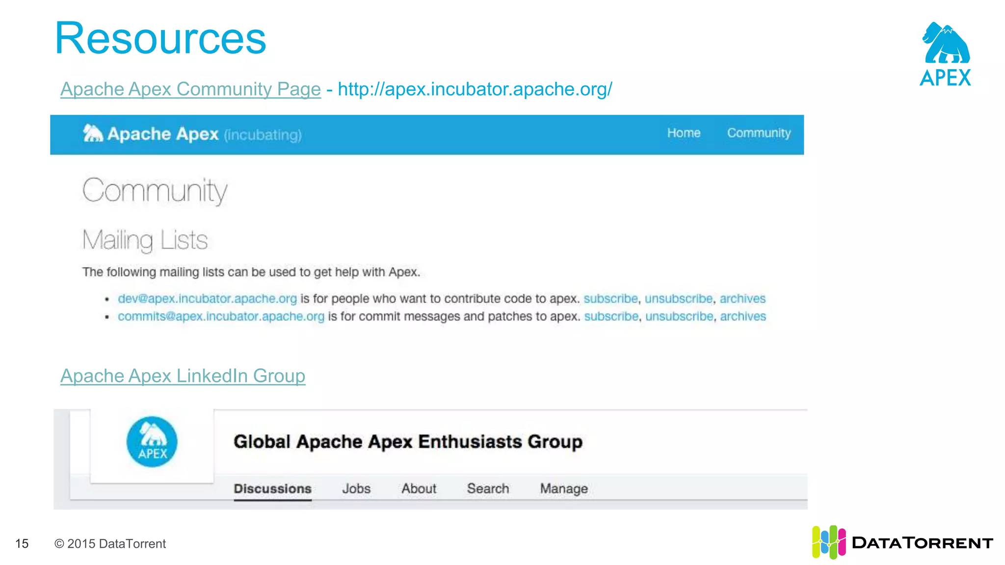 © 2015 DataTorrent
Resources
15
Apache Apex Community Page - http://apex.incubator.apache.org/
Apache Apex LinkedIn Group
 