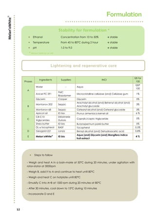 12
Phases
Ingredients Suppliers INCI
QS for
100
A
Water - Aqua
QSP
100
Avicel PC 591
FMC
Biopolymer
Microcristalline cellulose (and) Cellulose gum 1%
Glycerin Cooper Glycerin 5%
B
Montanov 202 Seppic
Arachidyl alcohol (and) Behenyl alcohol (and)
Arachidyl glucoside
3%
Montanov 68 Seppic Cetearyl alcohol (and) Cetearyl glucoside 3%
C
Apricot oil ID bio Prunus armeniaca kernel oil 6 %
C8-C10
triglycerides
Stéarinerie
Dubois
Caprylic/capric triglyceride 5%
Shea butter ID bio Butyrospermum parkii butter 5%
DL α tocopherol BASF Tocopherol 0,5%
D Geogard 221 Lonza Benzyl alcohol (and) Dehydroacetic acid 0,8%
E Melan’oWhite
ID bio
Aqua (and) Glycerin (and) Mangifera indica
fruit extract
4 %
Formulation
Stability for formulation *
 Ethanol Concentration from 10 to 50%  stable
 Temperature From 45 to 80°C during 2 hour  stable
 pH 1,0 to 9,0  stable
* Melan’oWhite at 4%
Lightening and regenerative care
 Ingrédients
Melan’oWhite
 Steps to follow
- Weigh and heat A in a bain-marie at 50°C during 20 minutes, under agitation with
rotor-stator at 3000rpm
- Weigh B, add it to A and continue to heat until 80°C
- Weigh and heat C on hotplate until 80°C
- Emulsify C into A+B at 1500 rpm during 20 minutes at 80°C
- After 30 minutes, cool down to 15°C during 10 minutes
- Incorporate D and E
 