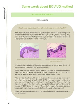 6
Some words about EX VIVO method
An innovative method
Melan’oWhite
Skin explants
Effectiveness proven by an innovative technique: ex vivo test on RHTE
RHTE (Reconstructed Human Tanned Epidermis) are obtained by culturing adult
human keratinocytes in presence of melanocytes phototype VI (dark skin). They
have a totally differentiated epidermal layer composed of a renewal layer, a
Malpighian layer and a functional horny layer.
To quantify the melanin, RHTE are transferred into a kit with 6 wells (1 well = 1
epidermal unit) in addition with a culture medium.
Tested formulas (see ex vivo graph page 5) are directly topically applied at
RHTE surface (1 μL). At the same time, a solution of each product is added to
the culture medium (kojic acid : 250 μM and Melan’oWhite
: 1%).
After a 3-day treatment, kits are maintained 48-hours more, before melanin
extraction and analysis of cell viability (MTT). For melanin, each epidermis is
removed from the polycarbonate insert by cutting out the filter on which the
tissues have grown. The filters are then plunged into Soluene (Perkin Elmer) and
heated at 100°C during 45 minutes. Afterwards, the supernatants absorbance is
measured in triplicate and converted into synthesized melanin content.
Finally, the percentage of melanin synthesis inhibition is given according to
placebo results.
Histological section of pigmented epidermis Histological section of reconstructed
pigmented epidermis
 